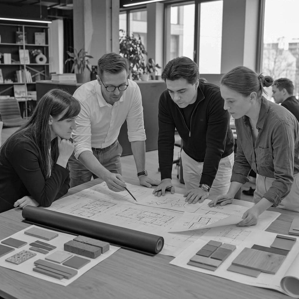 Czworo architektów przy stole z rysunkami projektu i próbkami materiałów